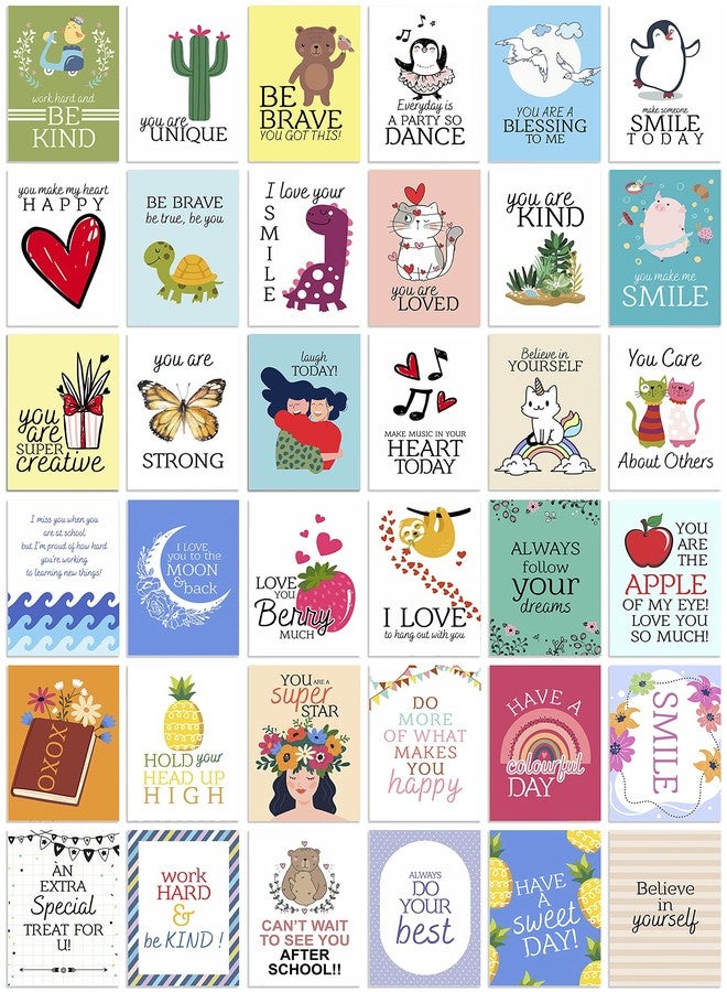 Inkdotpot مجموعة إنك دوت بوت من 36 بطاقة ملاحظات لصندوق الغداء للأطفال، عبارات ملهمة يومية وأفكار سعيدة للأطفال والطلاب، تأكيدات إيجابية وتشجيع، ملاحظات غداء ممتعة (موضوع تحفيزي) - Image 1